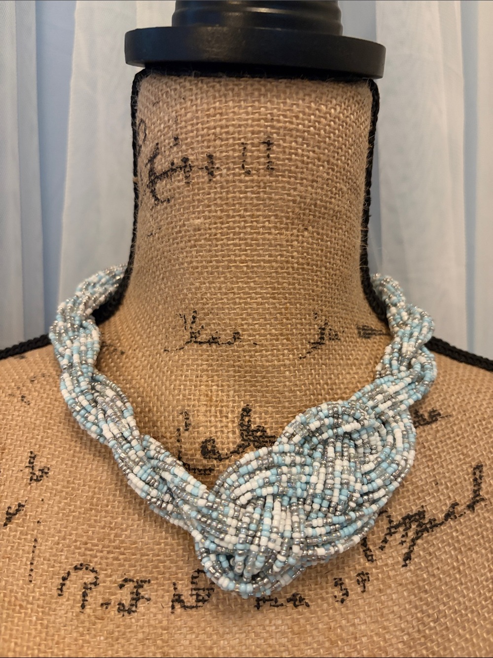 Handmade Pastel Blue and White Beaded Statement Necklace